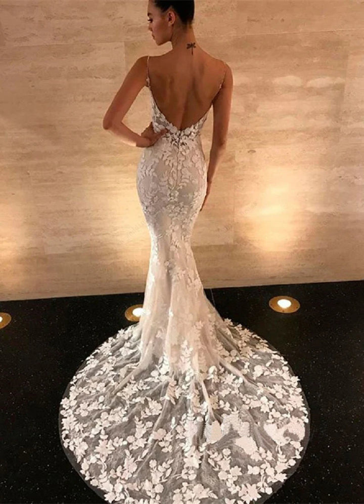 Embroidered  Lace Spaghetti Straps Backless Mermaid  Wedding  Dress