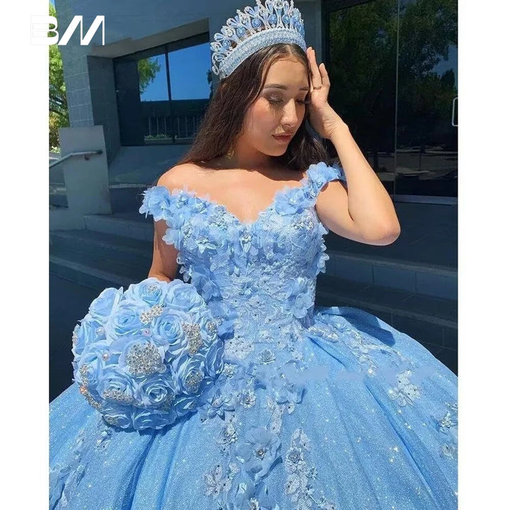 3D Floral Quinceanera Dress Sparkle Tulle Ball Gown