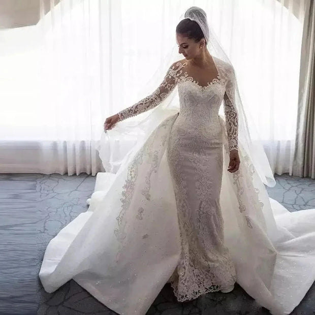 Detachable Train Lace Appliques Mermaid Wedding Dress