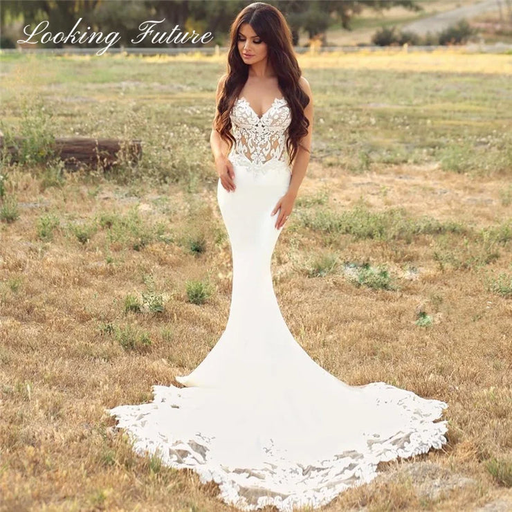 Modern Lace Satin Long Sweep Train Mermaid Wedding Dress