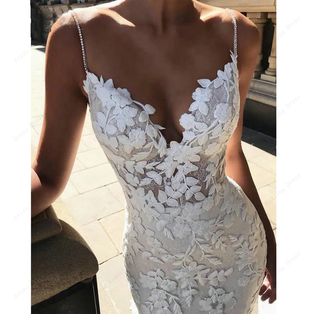 Embroidered  Lace Spaghetti Straps Backless Mermaid  Wedding  Dress