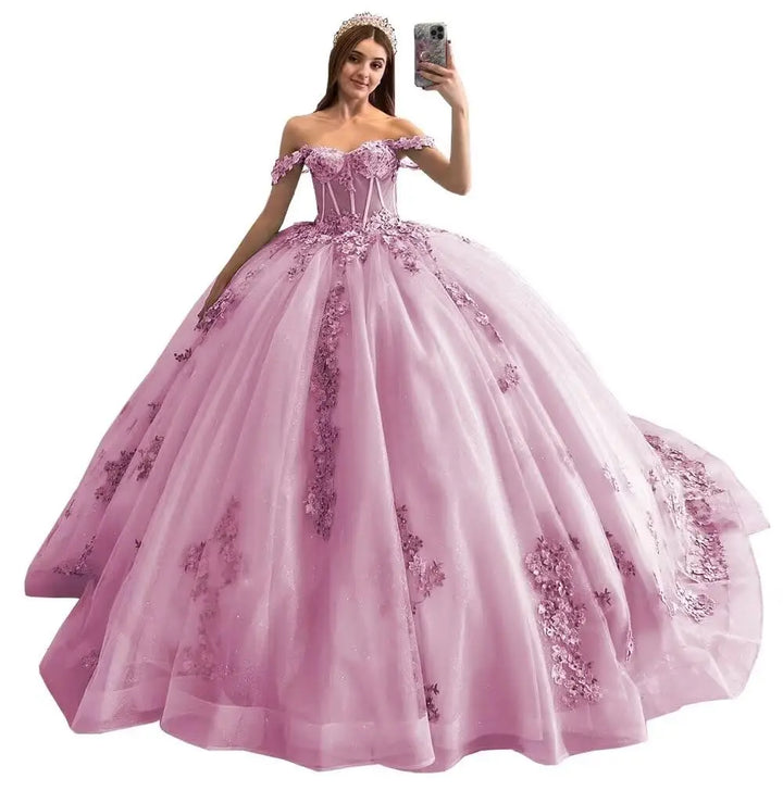 Puffy Beaded  Lace  Off  Shoulder Quinceanera Dress