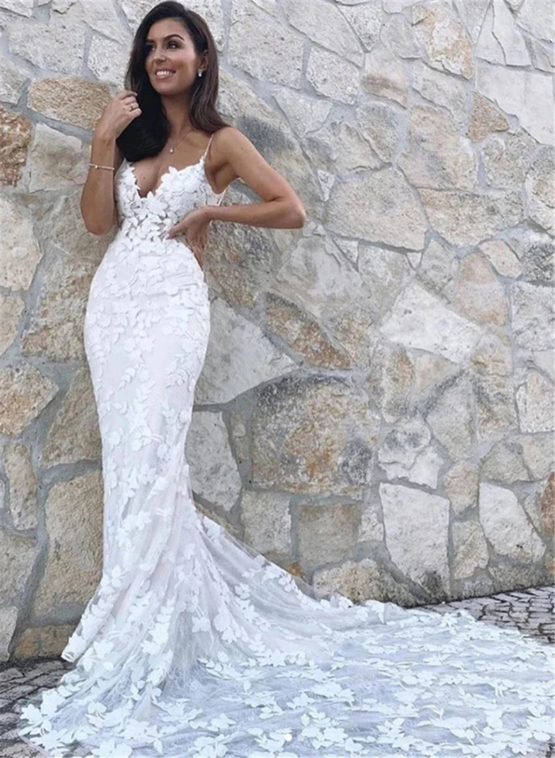 Embroidered  Lace Spaghetti Straps Backless Mermaid  Wedding  Dress