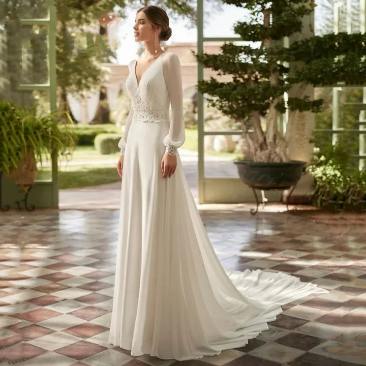 Elegant V-Neck Chiffon Long Sleeve A-Line Wedding Dress