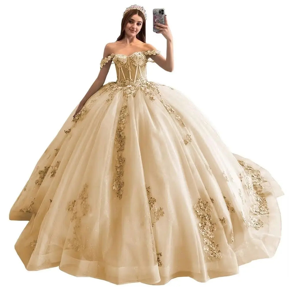 Puffy Beaded  Lace  Off  Shoulder Quinceanera Dress