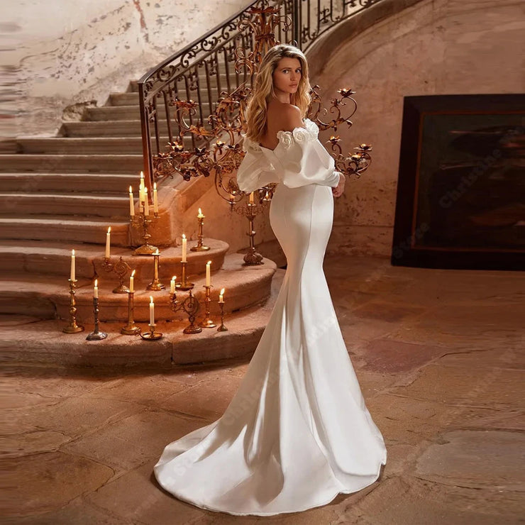 Boat Neck Off The Shoulder Satin  Mermaid Wedding Dress