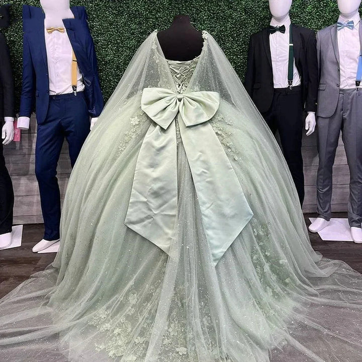 Green with Bow and Cape Beading  Quinceanera Dress