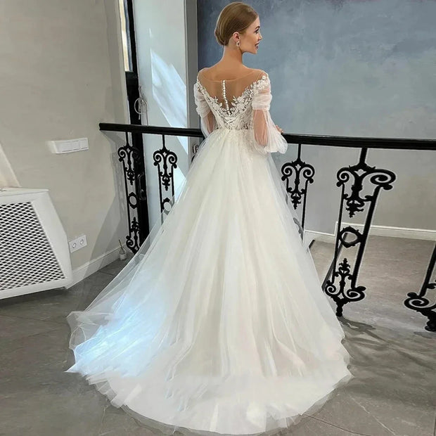 Elegant Fluffy Long Sleeves A-line Wedding Dress