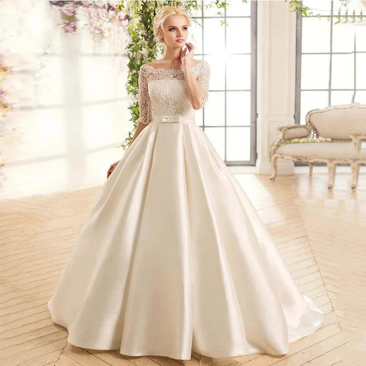 Elegant Satin Round Neck Seven-point Sleeves A-Line Wedding Dress