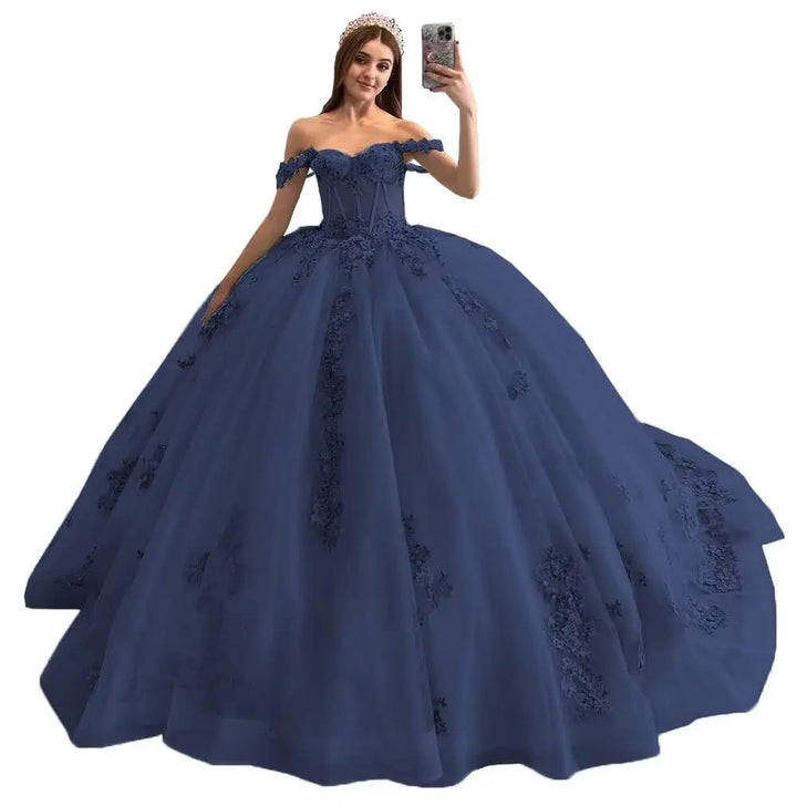 Puffy Beaded  Lace  Off  Shoulder Quinceanera Dress