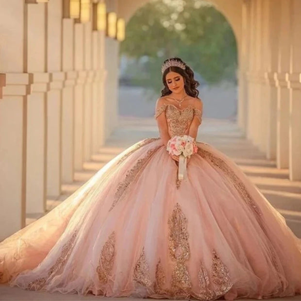 Sparkly Pink Rose Gold Quinceanera   Dress