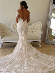 Elegant Sweetheart Long Sleeves Lace Appliques Backless Mermaid Wedding Dress