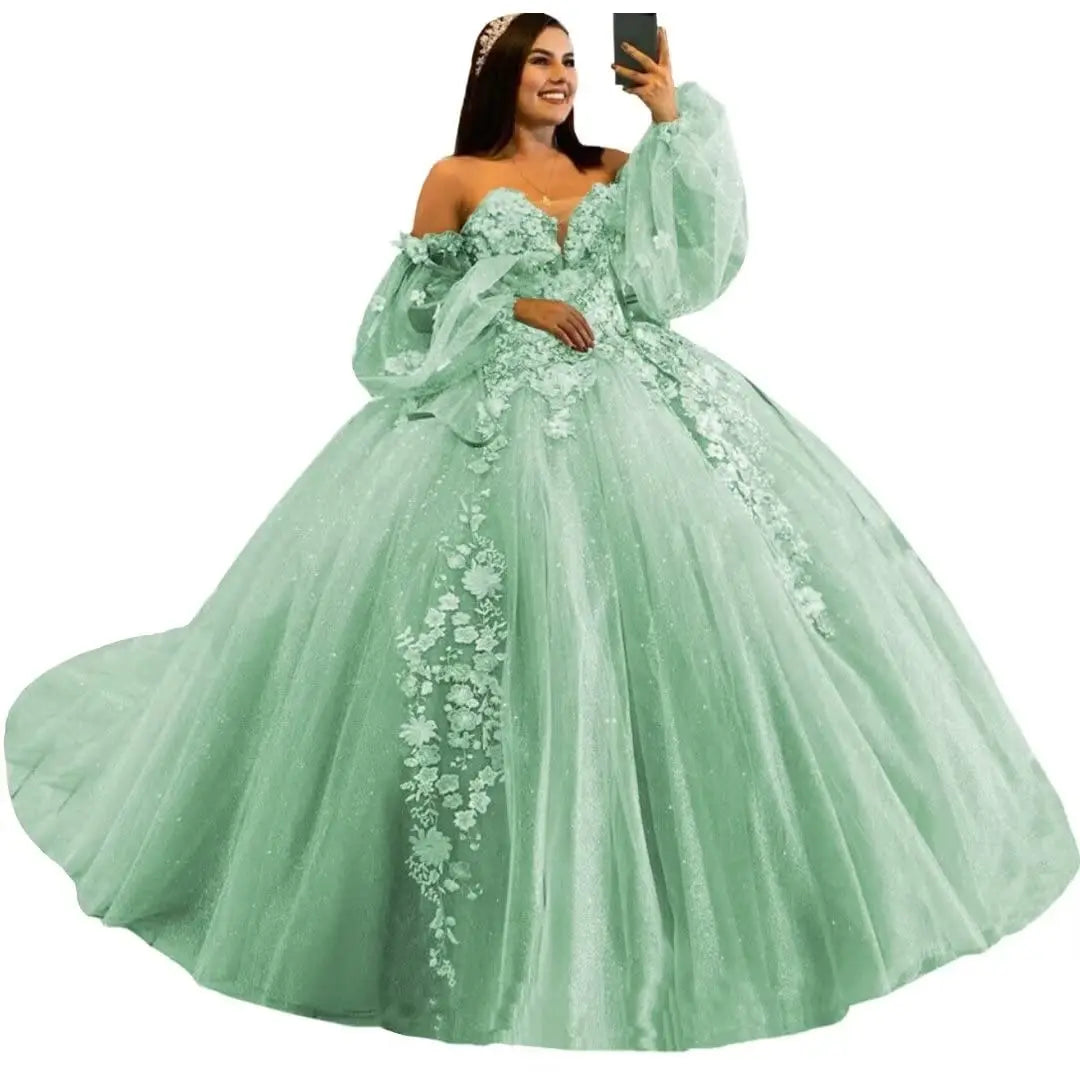 Puffy Sleeve Quinceanera Dresses Ball Gown 3D Floral with Train