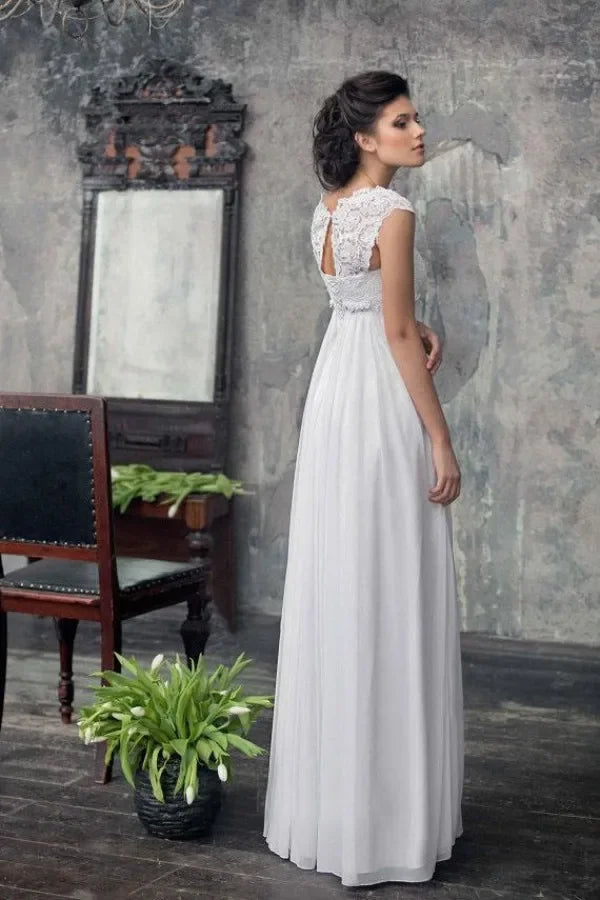 Scoop Neck Lace Capped Shoulder A-Line Wedding Dress