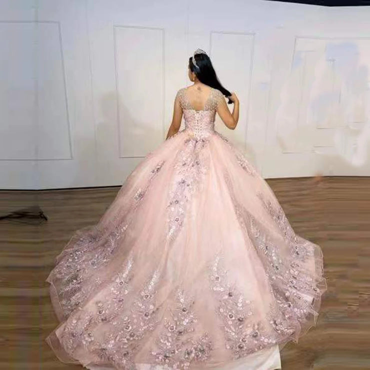 Blush Pink 3D Pearl Flower Princess Quinceanera Dress