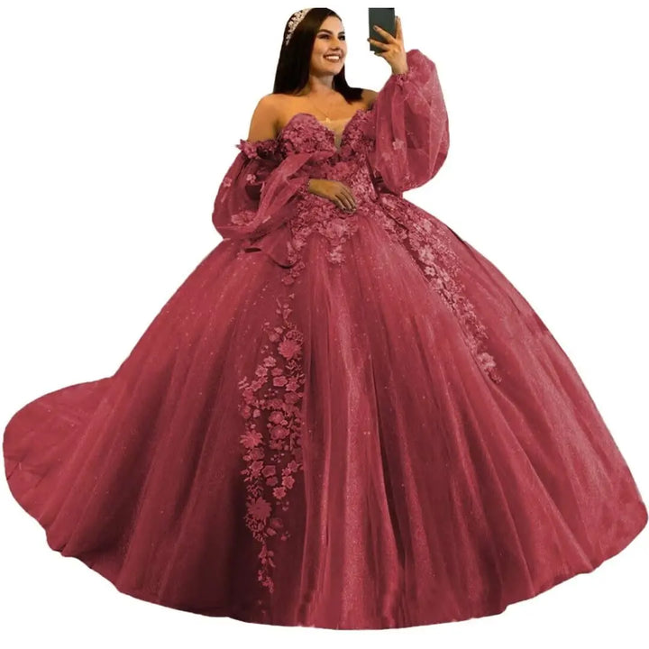 Puffy Sleeve Quinceanera Dresses Ball Gown 3D Floral with Train