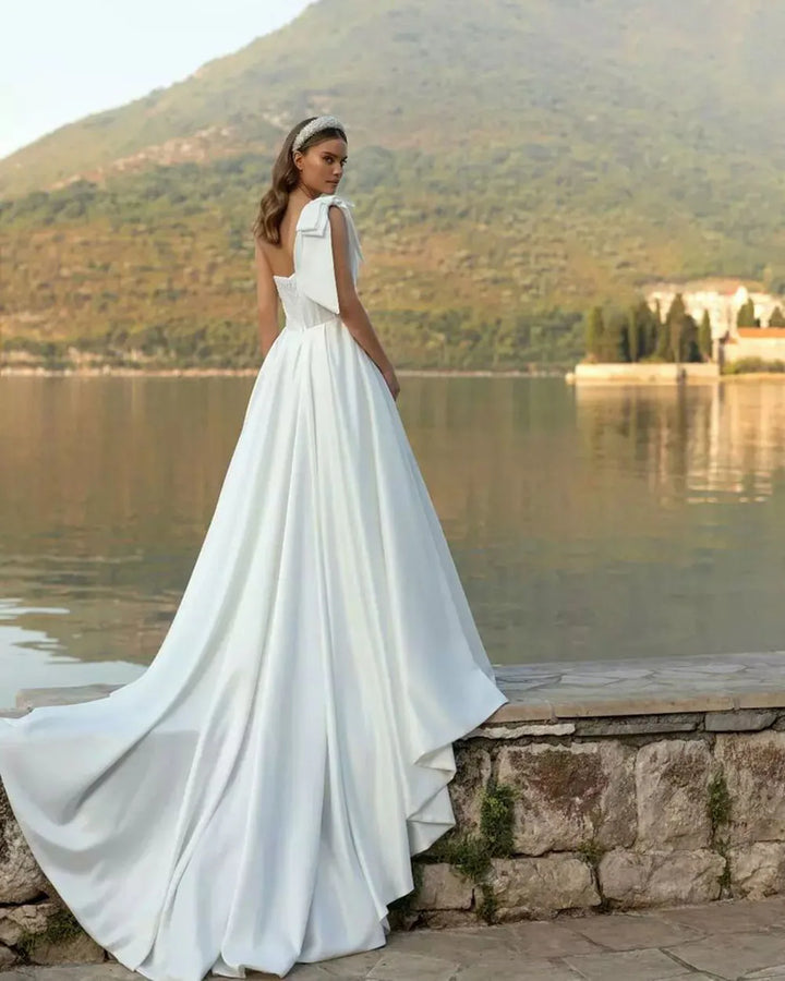 One Shoulder Satin Backless A Line Wedding Dress