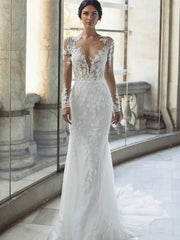 Detachable Train Long Sleeves Mermaid Wedding Dress