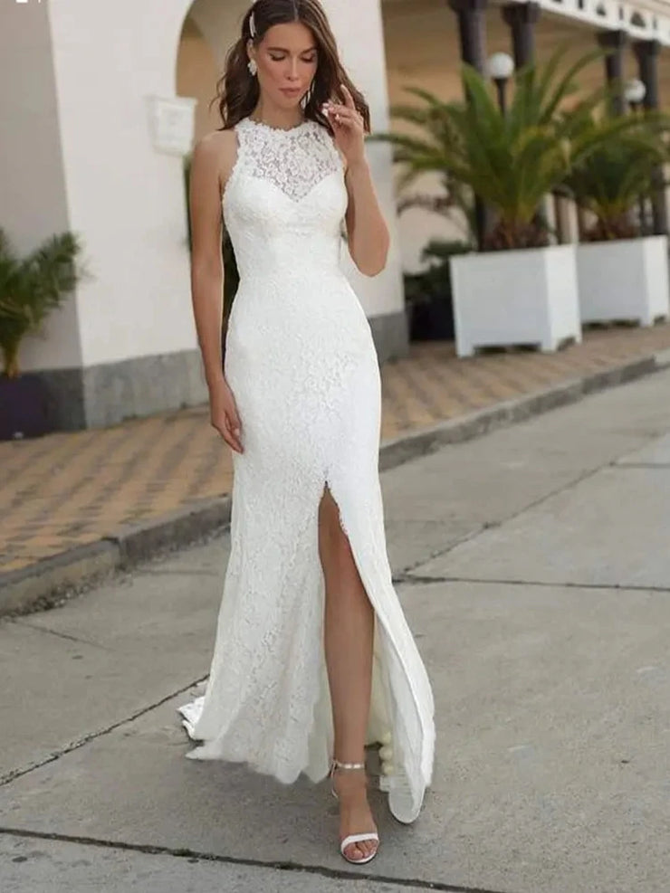 Side Slit Lace Appliques Mermaid Wedding Dress