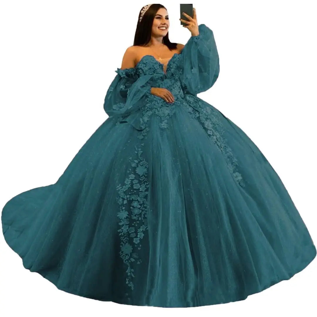 Puffy Sleeve Quinceanera Dresses Ball Gown 3D Floral with Train