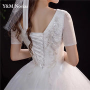 New Fashion V-neck Wedding Dress Vestidos De Novia Ivory Bride Gowns Dream Princess Simple Short Sleeve Lace Appliques