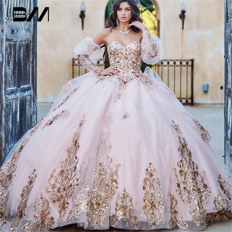 Detachable Puffy Sleeve Champagne | Gold Embroidered and Sequin Quinceanera  Dress