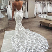 Embroidered  Lace Spaghetti Straps Backless Mermaid  Wedding  Dress