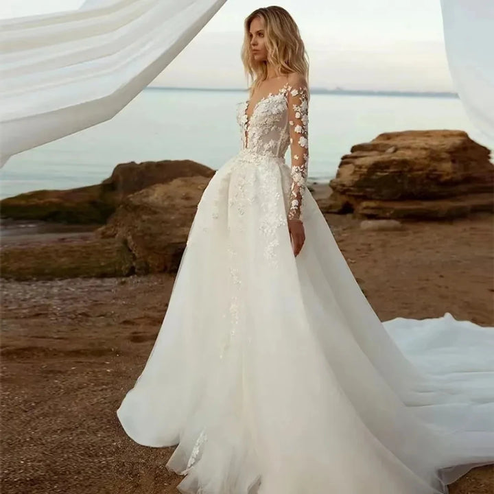 Detachable Train Backless V-Neck  A-line Wedding Dress