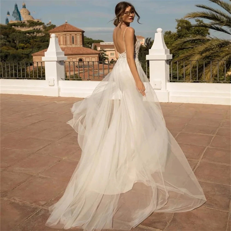 Satin Applique V-neck Detachable Skirt Mermaid Wedding Dress