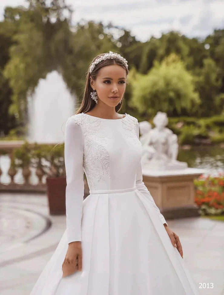 Satin Long Sleeve Applique Lace A-Line Wedding Dress