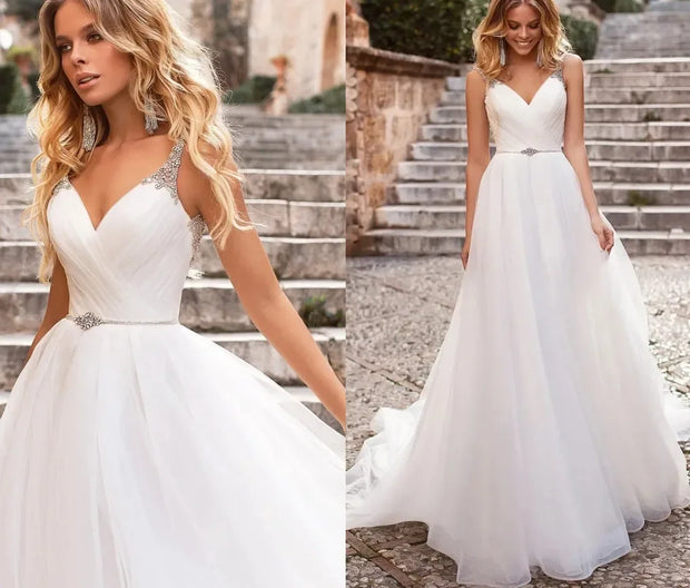 Elegant V-neck Sleep Crystal Beaded A Line Wedding Dress