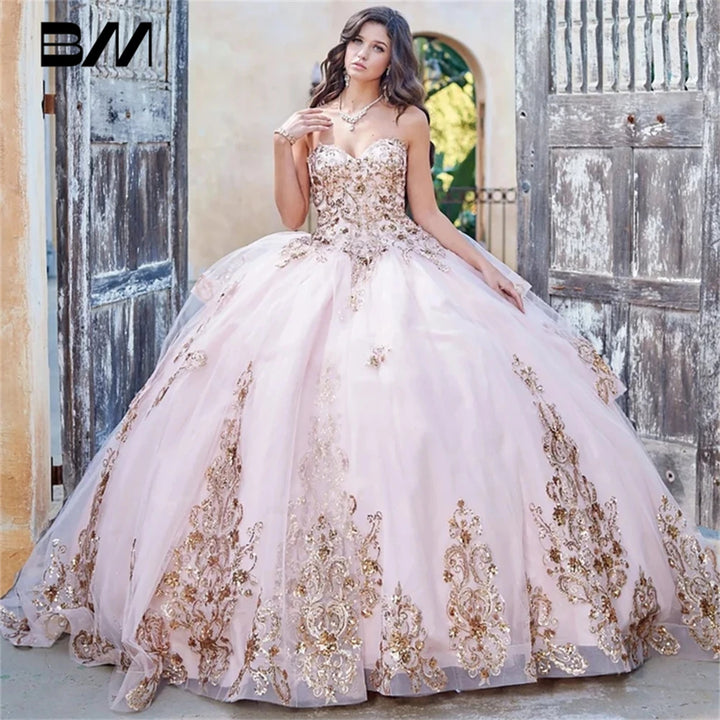 Detachable Puffy Sleeve Champagne | Gold Embroidered and Sequin Quinceanera  Dress