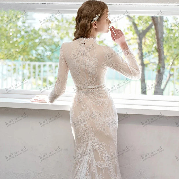 Glamorous Elegant Full Sleeves Sexy Sheath Mermaid Bridal Wedding Dress