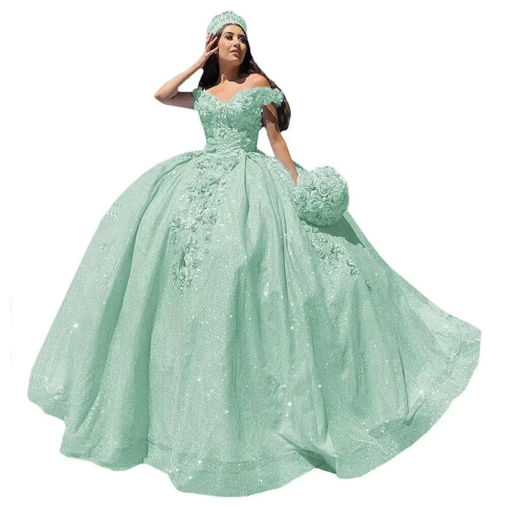 3D Floral Quinceanera Dress Sparkle Tulle Ball Gown