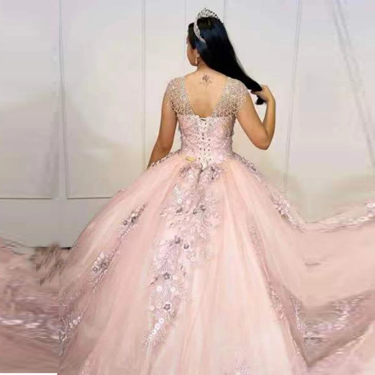 Blush Pink 3D Pearl Flower Princess Quinceanera Dress