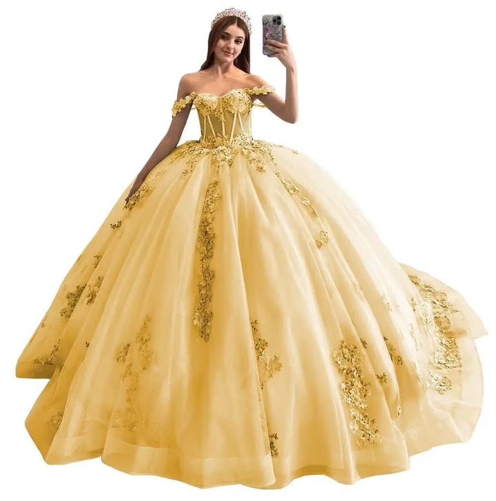 Puffy Beaded  Lace  Off  Shoulder Quinceanera Dress