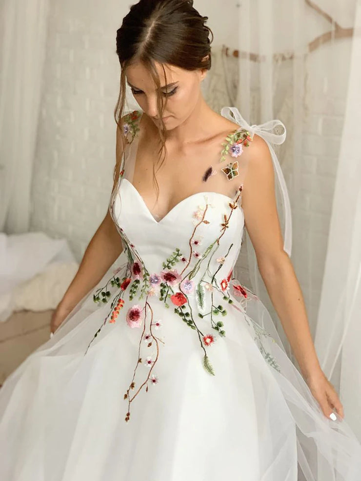 Embroidered Floral Lace Up A-Line Wedding Dress