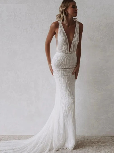 Sexy V-Neck Backless Sleeveless Mermaid Wedding Dress