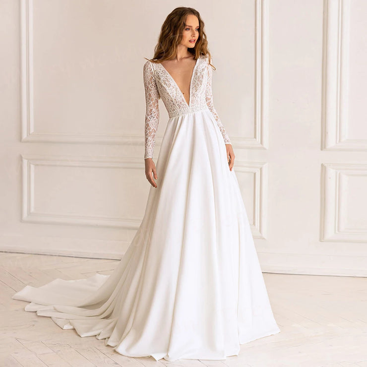 Deep V Neck]Modern Lace Appliques  Long Sleeve Backless  A Line Wedding Dress