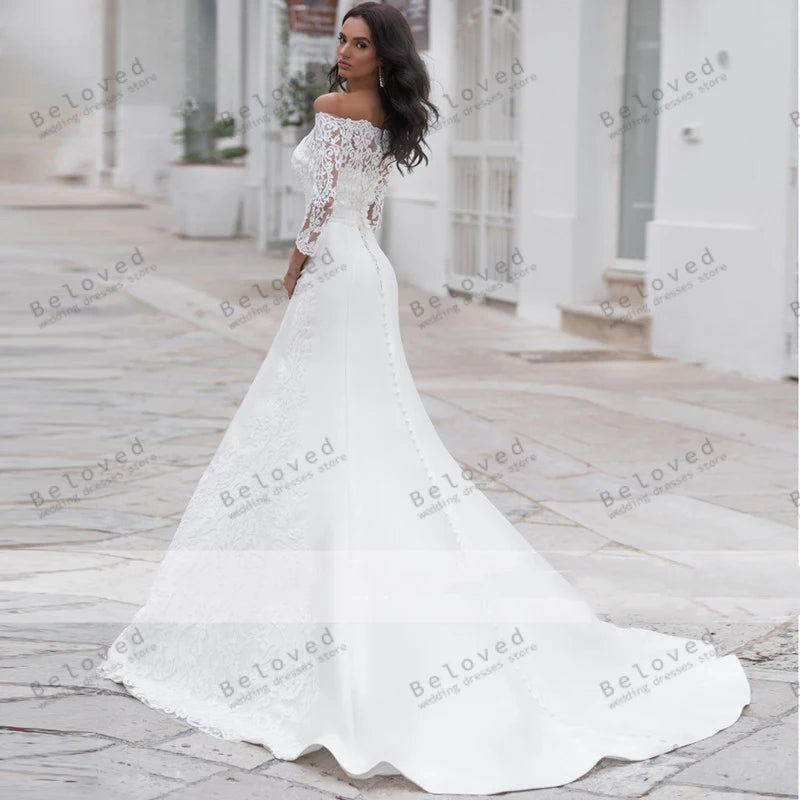 Boat Neck Three Quarter Sleeves Mermaid Wedding Dress