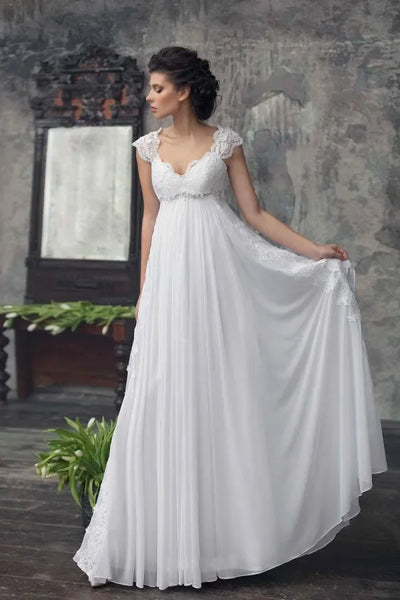 Scoop Neck Lace Capped Shoulder A-Line Wedding Dress