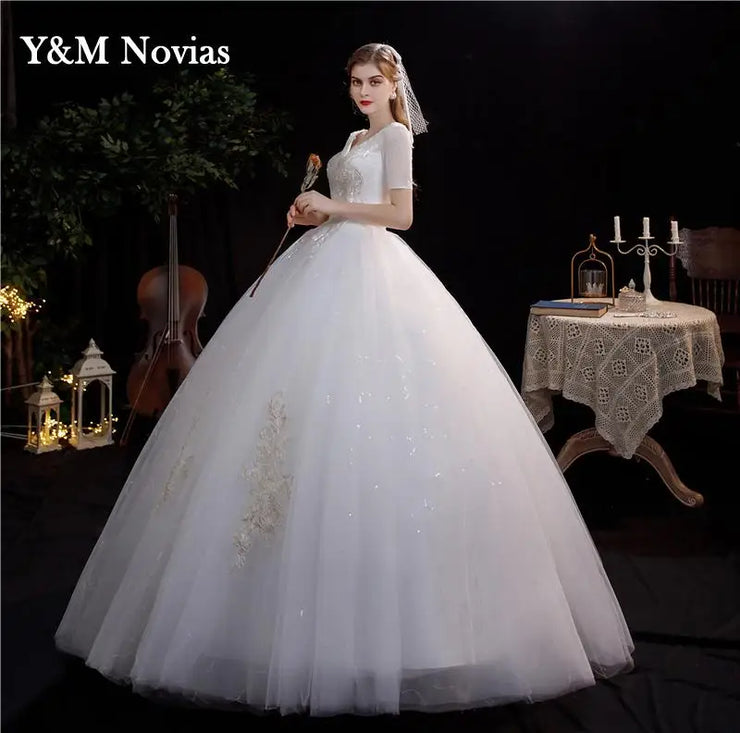 New Fashion V-neck Wedding Dress Vestidos De Novia Ivory Bride Gowns Dream Princess Simple Short Sleeve Lace Appliques