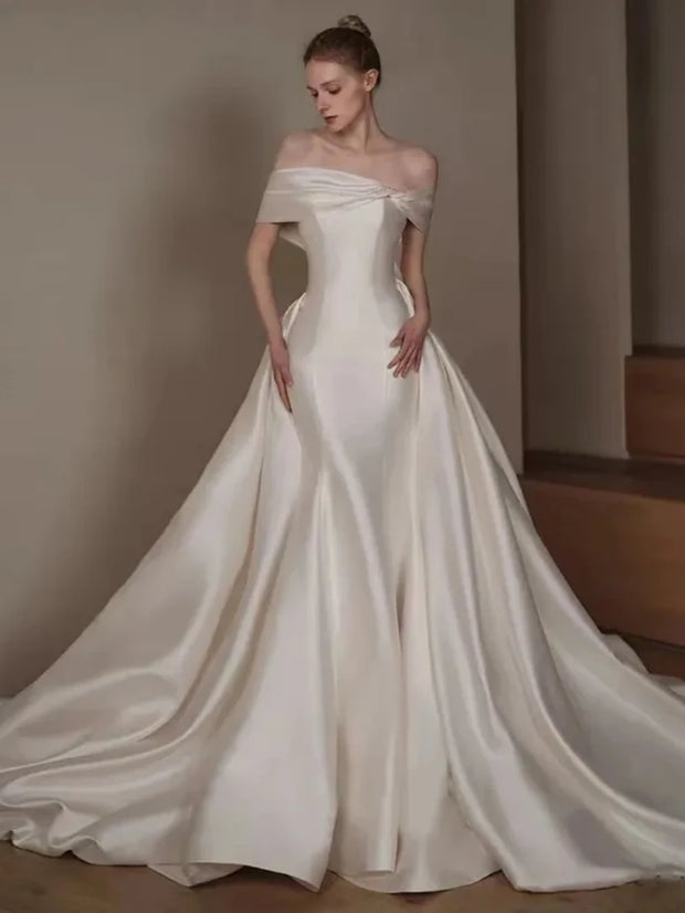 Off The Shoulder With Sweep Train A-line Wedding Dress
