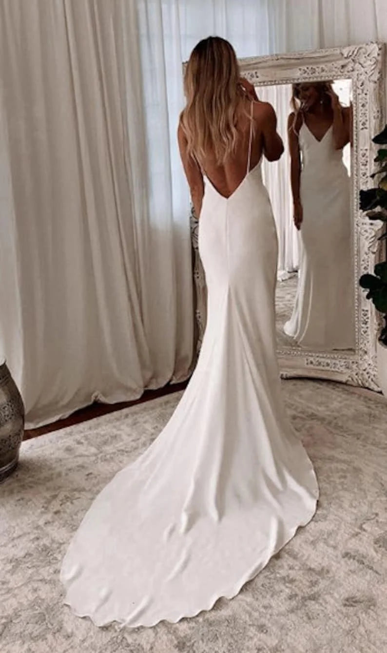 Satin V-neck Spaghetti Straps Backless Mermaid Wedding Dress