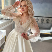 Princess Lace Applique Puffy Long Sleeve A-Line Wedding Dress