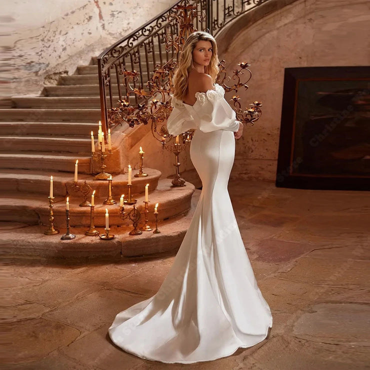 Boat Neck Off The Shoulder Satin  Mermaid Wedding Dress