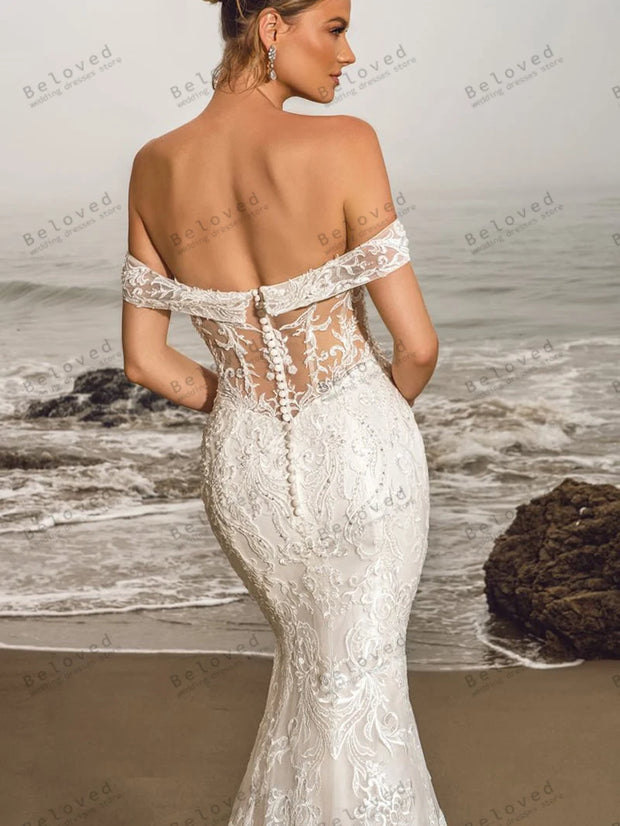 Exquisite Backless Off The Shoulder Lace Mermaid Wedding Dress