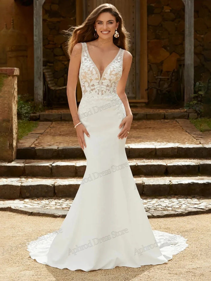 Satin Sheath Deep V-Neck Mermaid Wedding Dress