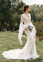 Long Flare Sleeves Lace Appliques Floor Length Mermaid Wedding Dress