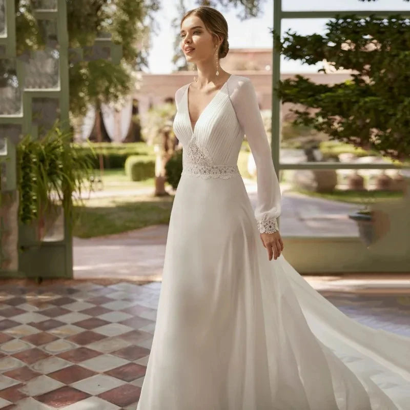 Elegant V-Neck Chiffon Long Sleeve A-Line Wedding Dress